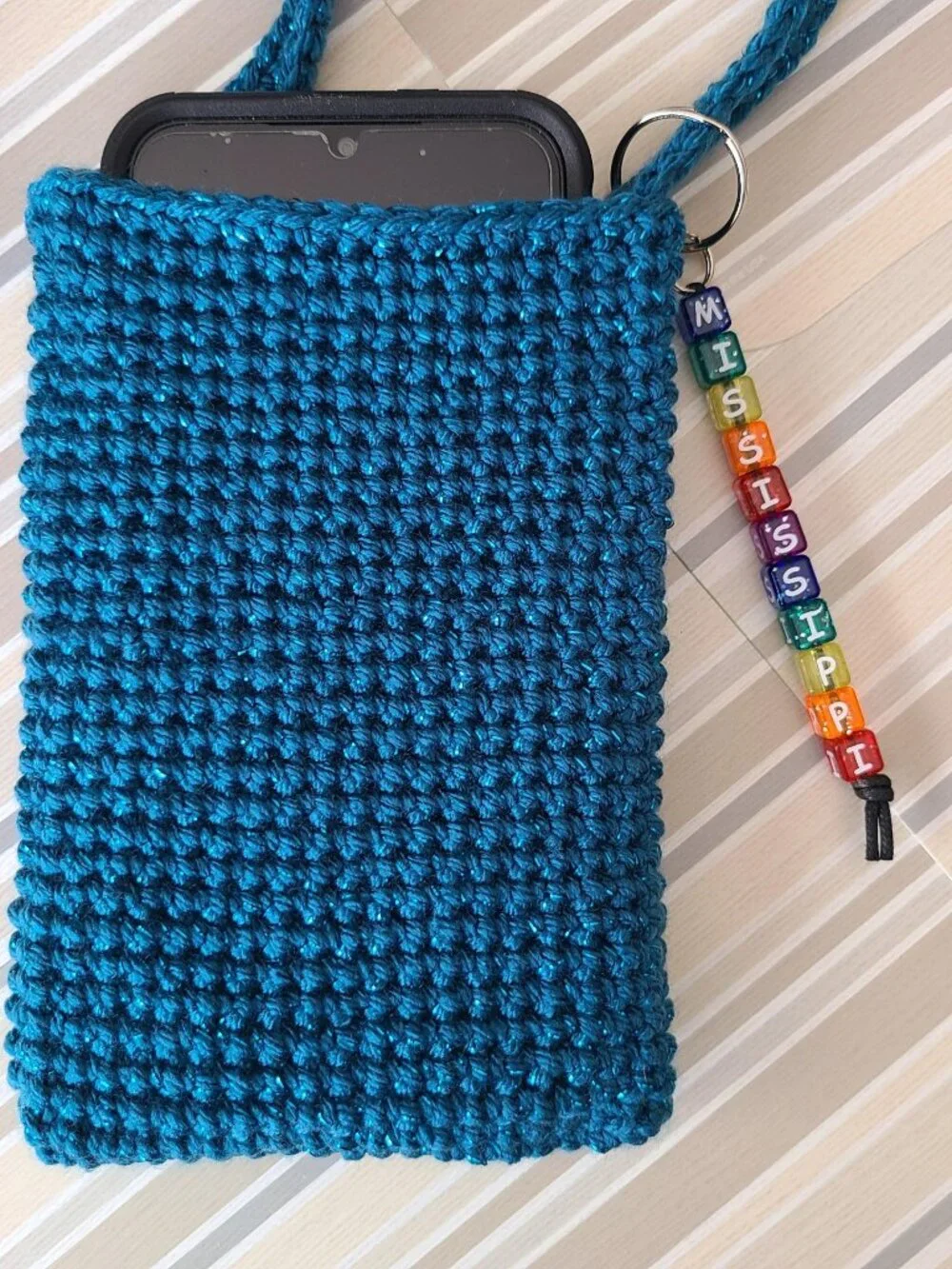 Hand Crochet Cell Phone Case Holder Crossbody Bag with Key Chain Teal Sparkling
